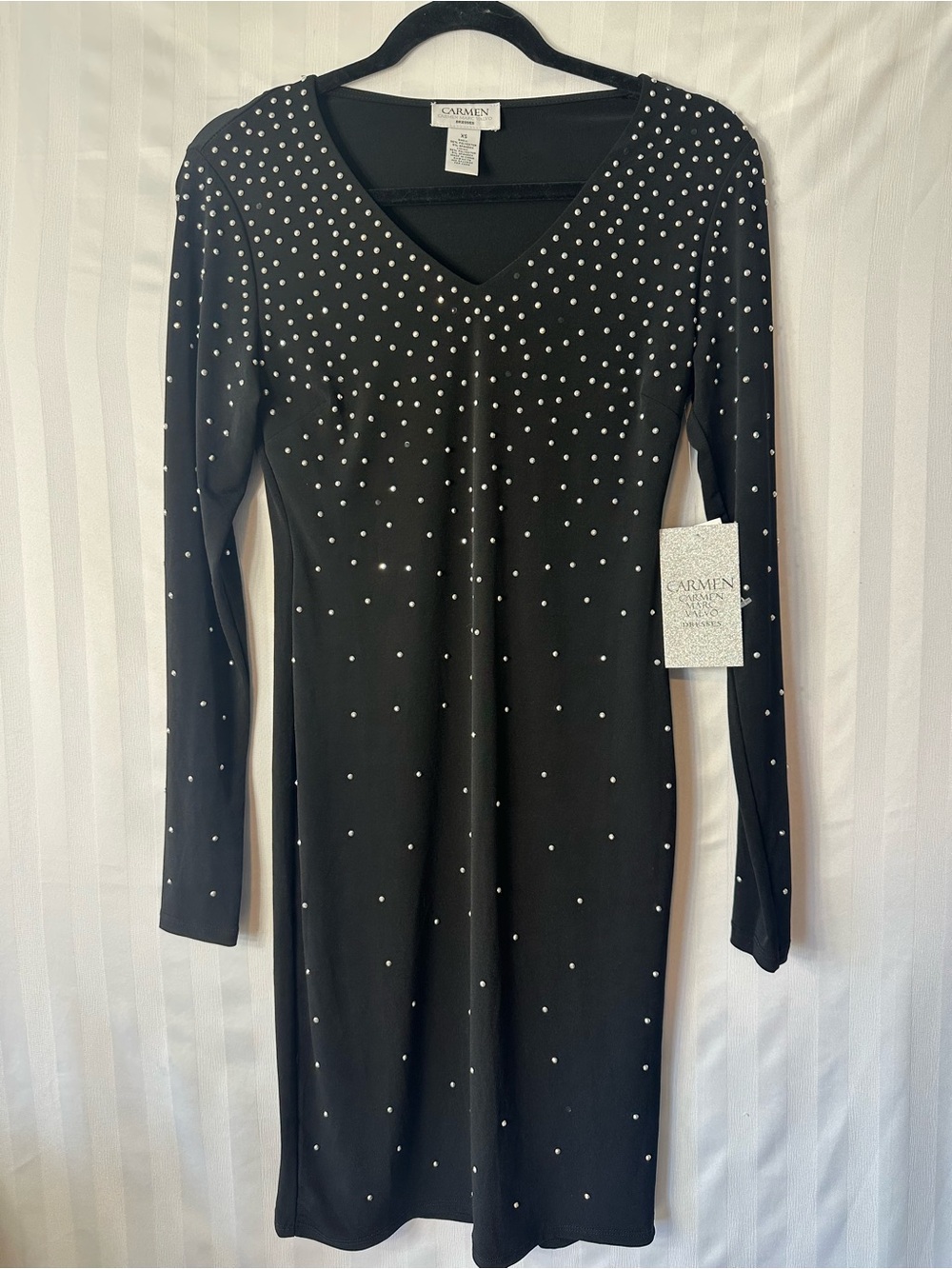 Carmen Marc Valvo Black Long Sleeve V-Neck Dress with Crystal Studs